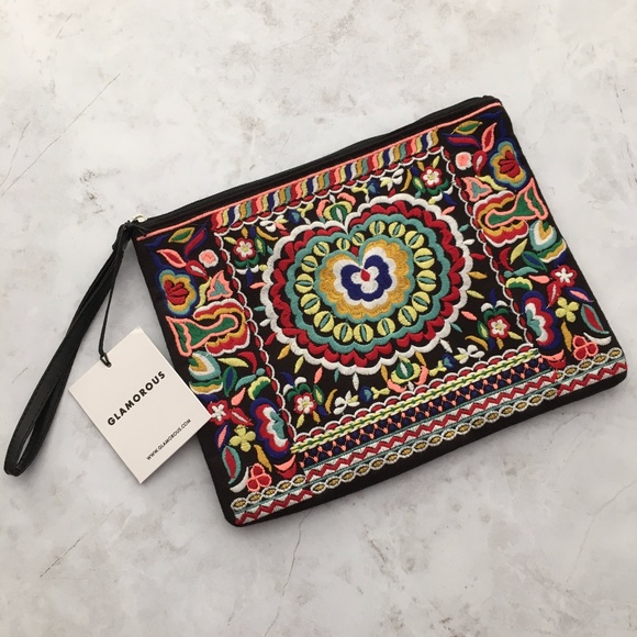 Glamorous Handbags - NWT GLAMOROUS Embroidered Pouch Clutch Wristlet